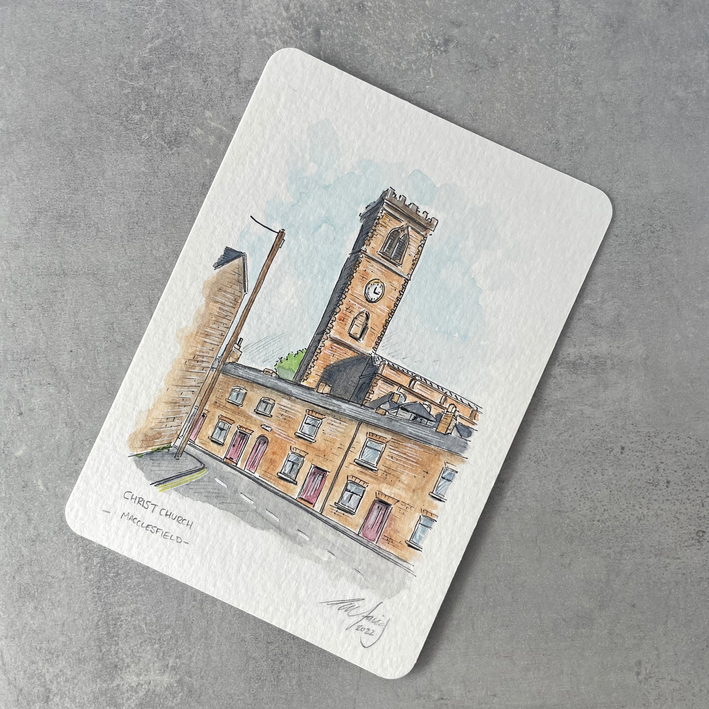 A6 size ORIGINAL ILLUSTRATION Christ Church from Shaw St. MACCLESFIELD